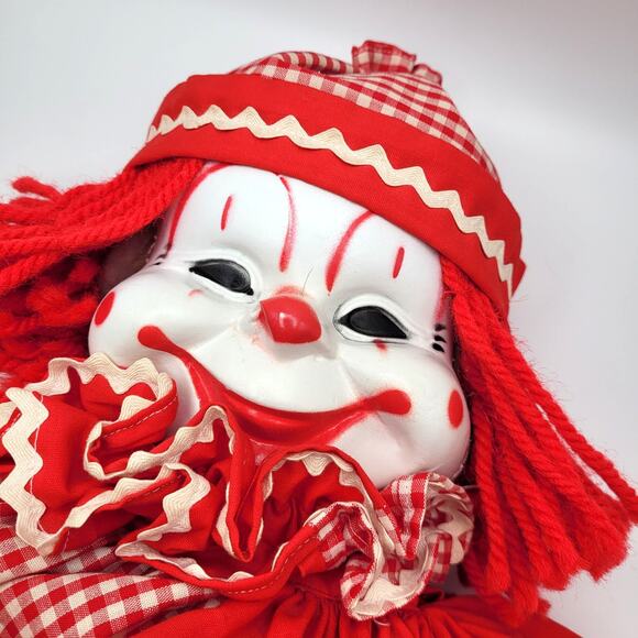 Vintage Creepy Clown Doll 24" Plastic Face Red Check Outfit Halloween Prop Toy - Picture 2 of 11